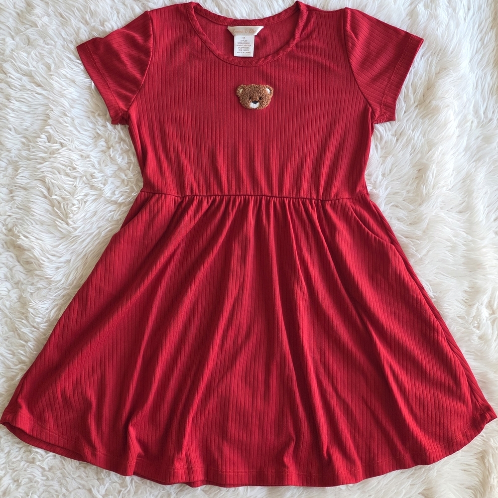 Red Casual Kids Dress with Bear Patch